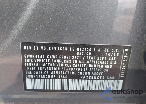 2017 Volkswagen Golf Alltrack Tsi S/Tsi Se/Tsi Sel from USA, damaged, VIN 3VWH17AU2HM514660